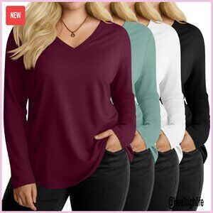 Plus Size Long Sleeve V Neck Tops 4-Pack Loose Fit Casual Blouses